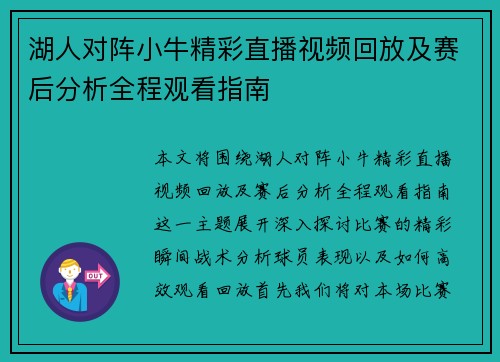 湖人对阵小牛精彩直播视频回放及赛后分析全程观看指南
